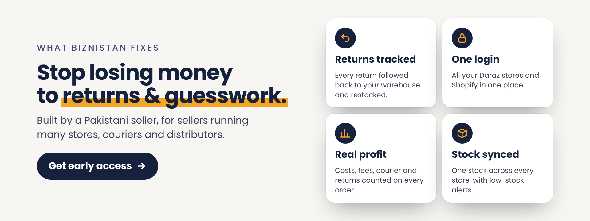 Biznistan fixes returns, multiple logins, profit guesswork and stock mismatches.